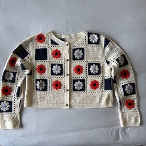 Floral Crochet Cardigan Sweater -Cream, Red, Blue Flowers, medium large knitwear